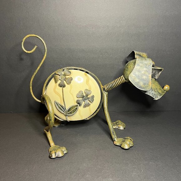 Unique Whimsical Metal Tin Floral Art Pottery Ceramic Dog Figure w/ Sunglasses - Picture 1 of 8